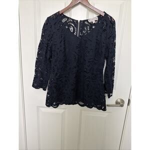 Nanette Lepore Women Top Black Lace Overlay long Sleeve Shirt Size L V-Neck Zip